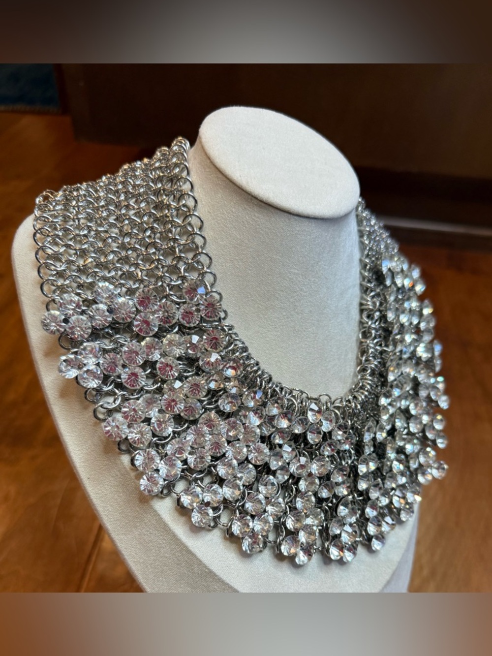 Rhinestone Statement Collar Necklace Silver Tone Chainmail Bib